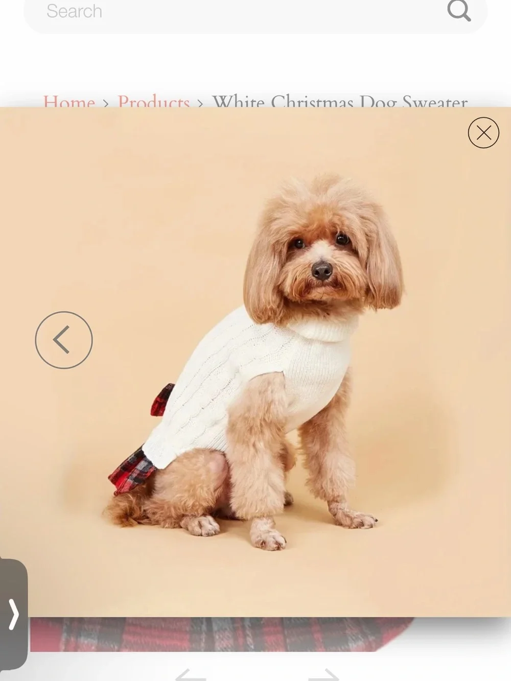White Cable Knit Dog Sweater Dress with Red Plaid Bow